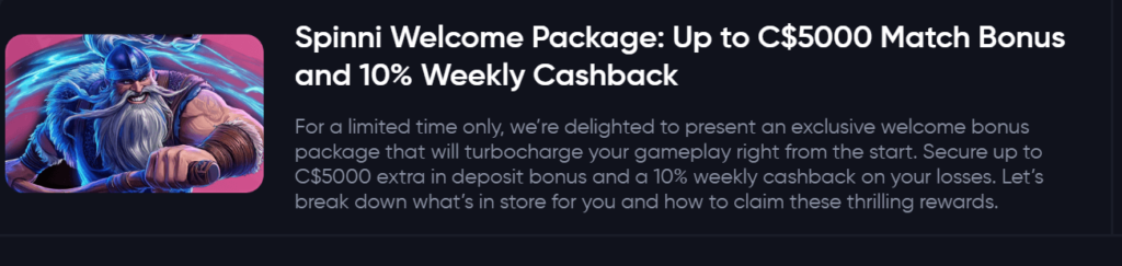 Spinni Casino welcome bonus
